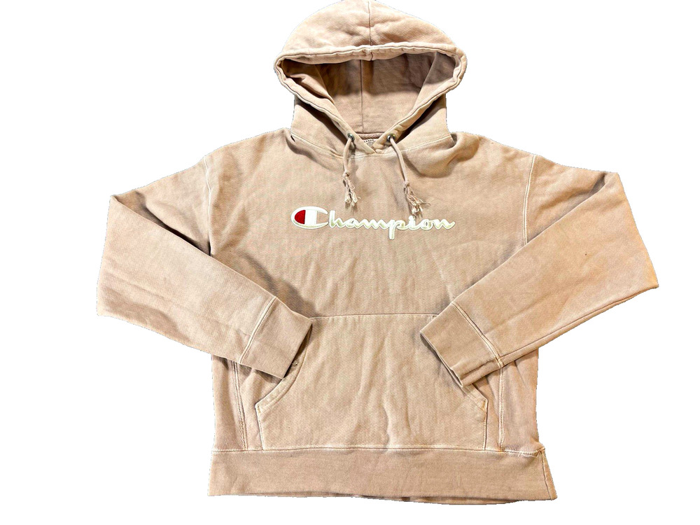 Champion Reverse Weave Womens Beige Fleece Crop Pullover Hoodie Streetwear L Y2k